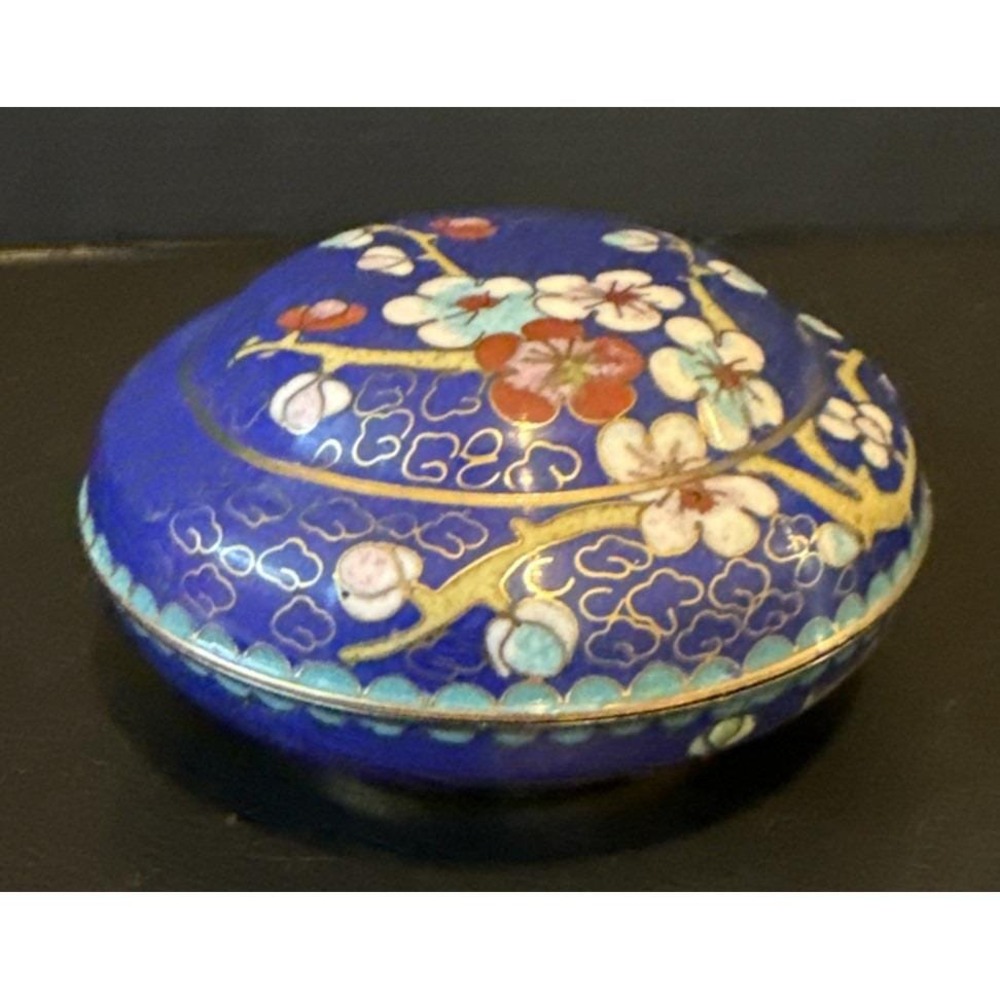 Vintage Blue Floral Cloisonné Enamel on Brass Round Lidded Trinket Jewelry Box